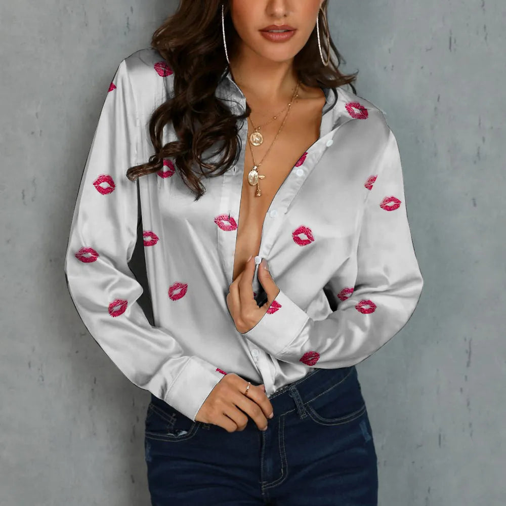 Women Fashion Satin Long Sleeve Blouse Digital Lip Print Heart Pattern