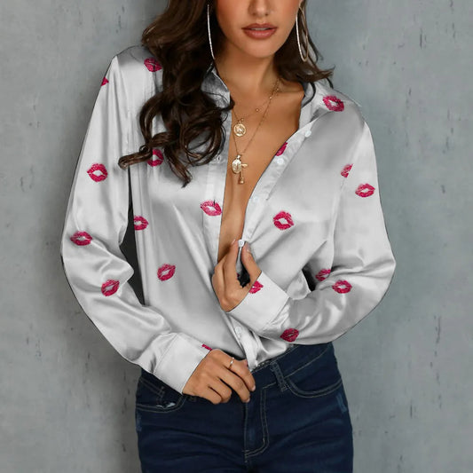 Women Fashion Satin Long Sleeve Blouse Digital Lip Print Heart Pattern