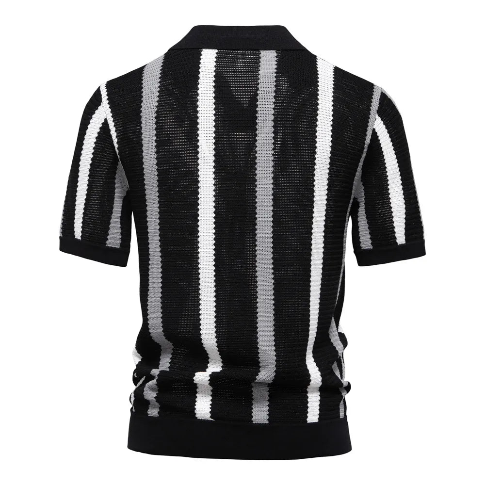 Summer Lightweight Men's Knit Polo Shirt Viscose Polyester Striped Breathable Hollow Short Sleeve