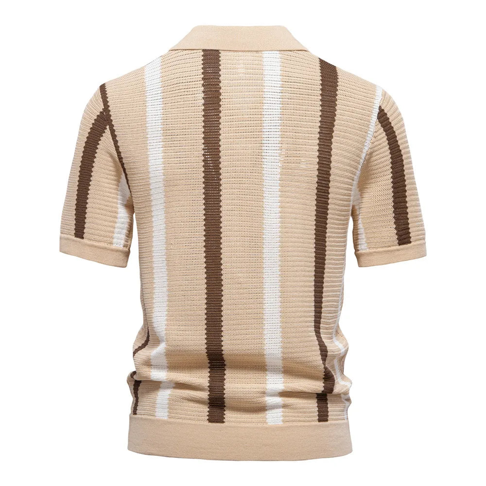 Summer Lightweight Men's Knit Polo Shirt Viscose Polyester Striped Breathable Hollow Short Sleeve