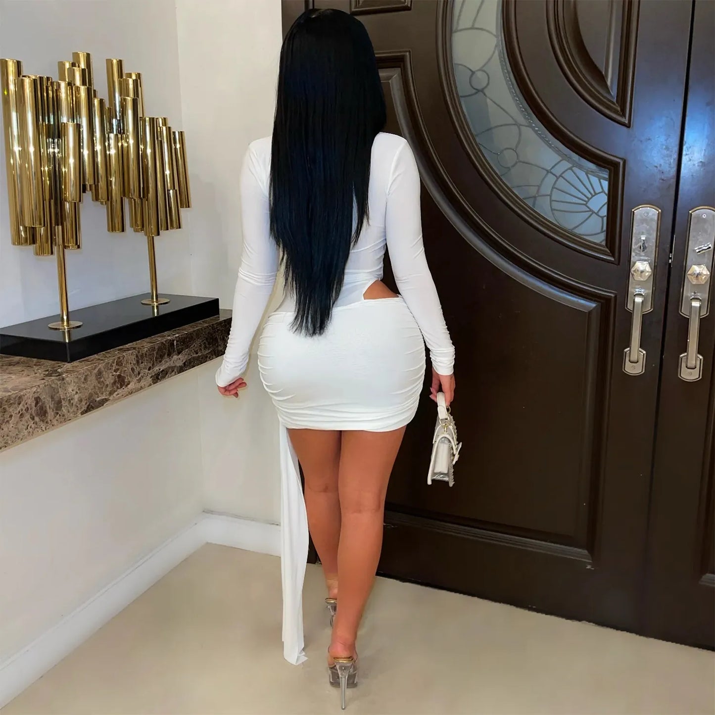 Sexy Deep V Neck Long Sleeve Cut Out Mini Dress With Long Streamers