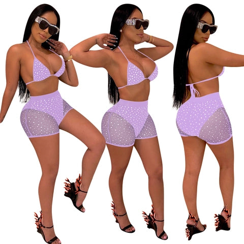 Sexy Two Piece Bikini Shorts Set Rhinestone Polka Dot Halter Top Mesh Patchwork High Waist Shorts Beach Party