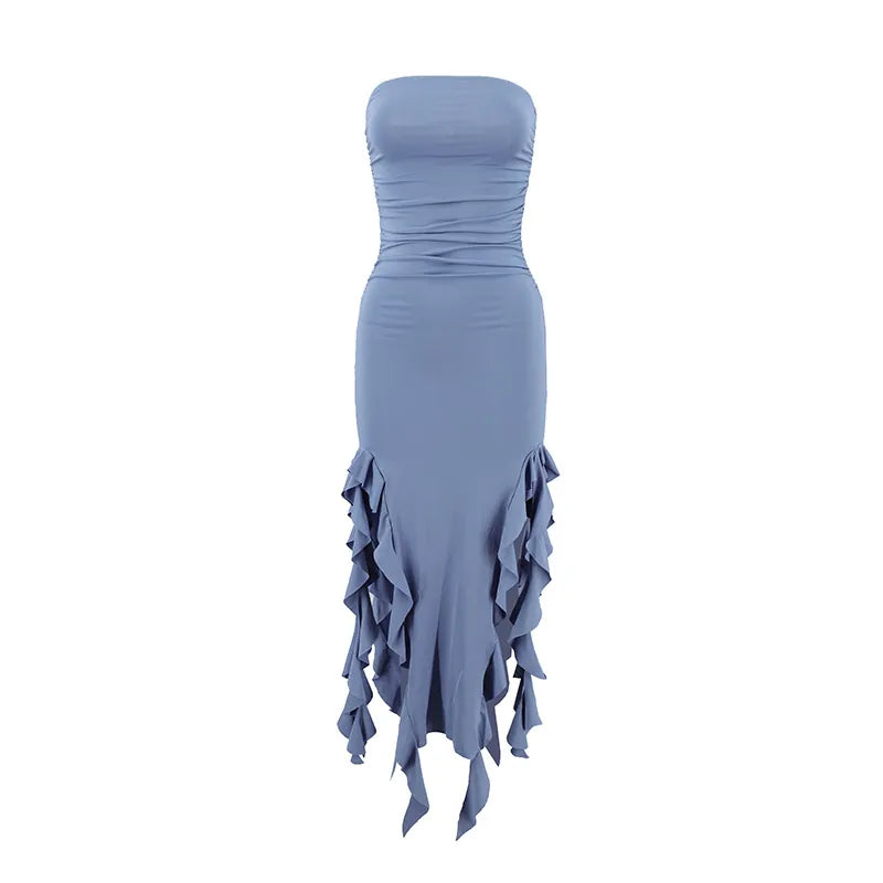 Women Sexy Strapless Ruched Midi Dress Ruffle High Split Slim Fit