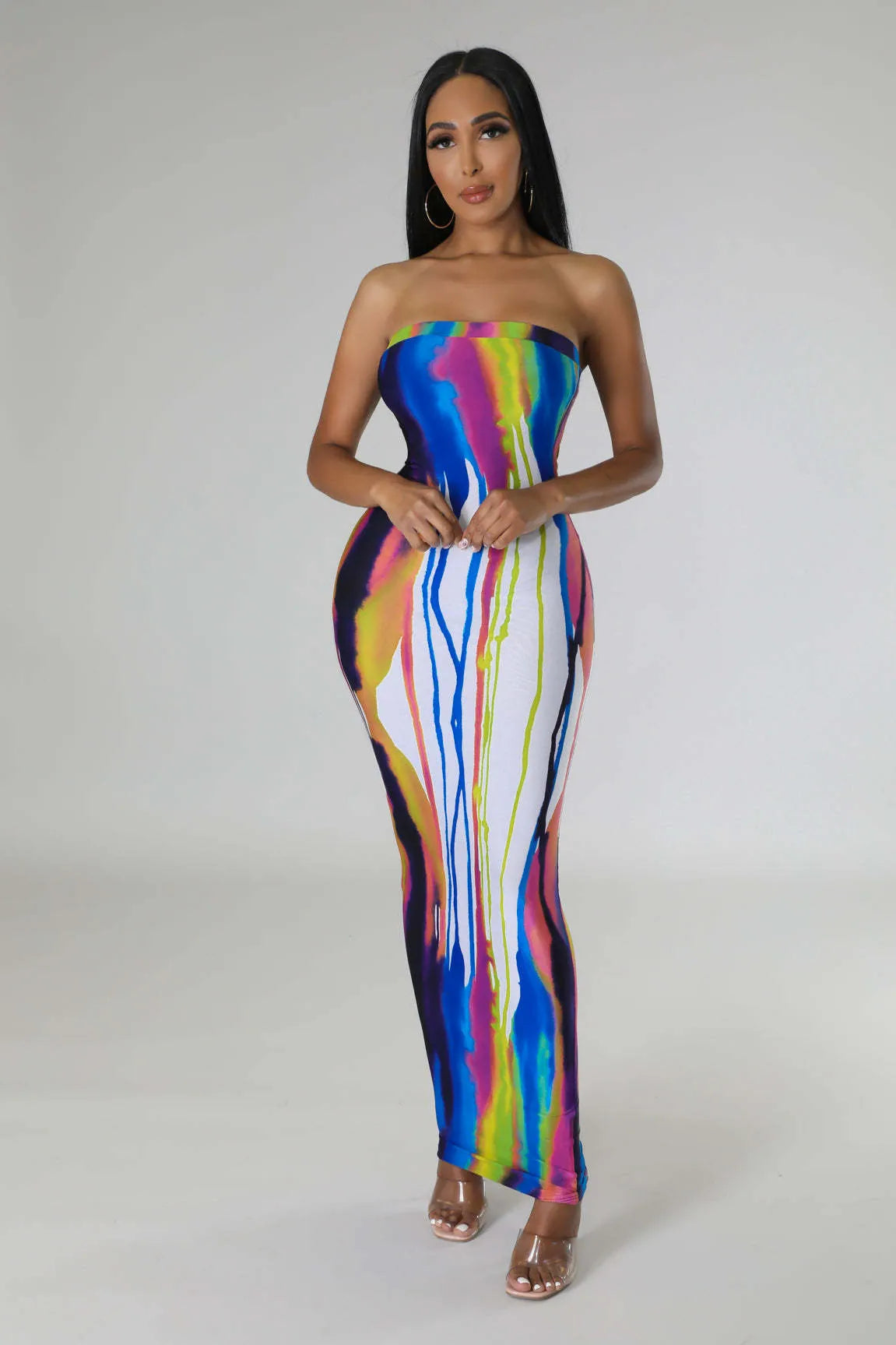 Women Sexy Digital Print Tube Top Maxi Dress Slim Fit Abstract Sunset Palm Tree Printed Strapless