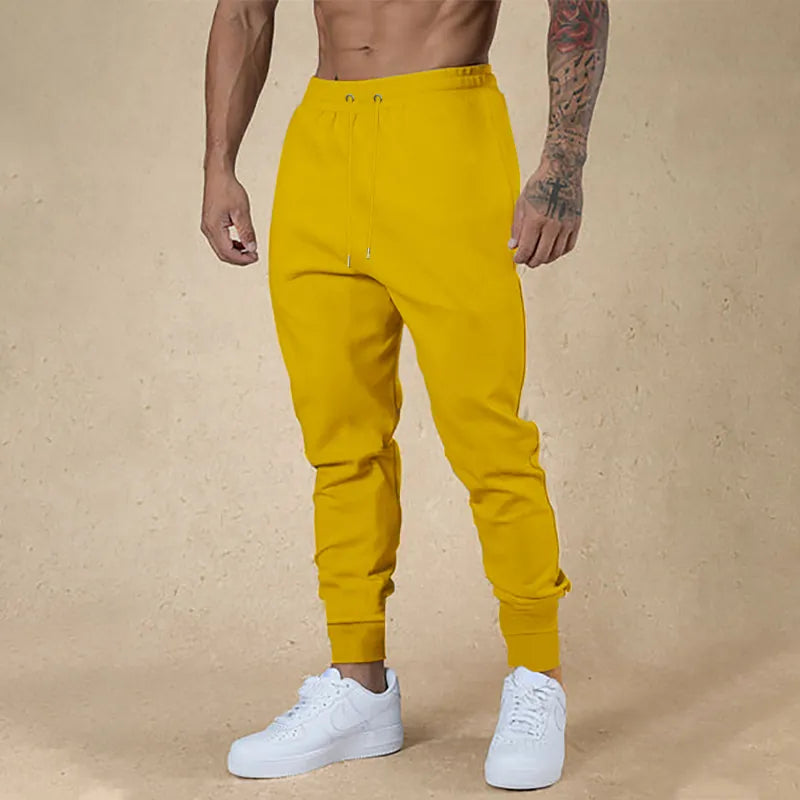 Men Sporty Polyester Solid Color Drawstring Joggers Slim Fit Cuffed Hem Sweatpants