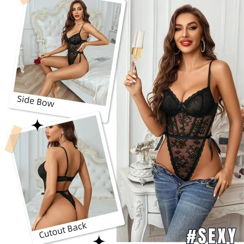 Women Sexy Floral Lace Bodysuit Teddy Lingerie With Bow Tie