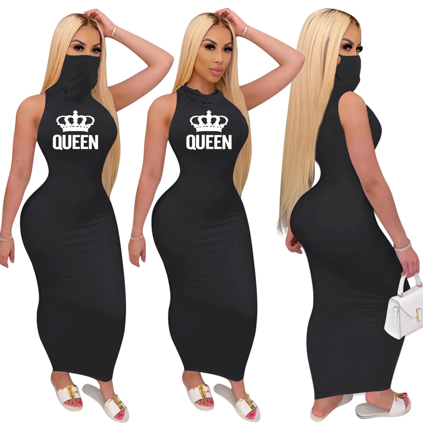 Women Sexy Sleeveless Bodycon Maxi Dress Integrated Face Mask Crown Queen Print
