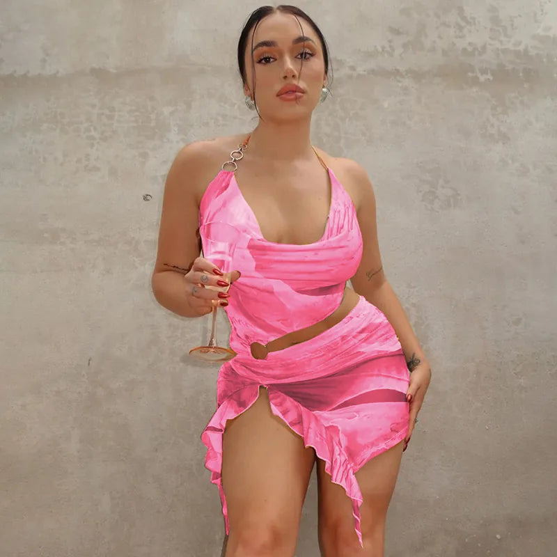Halter Neck Top And Ruffle Skirt Abstract Print Backless Metal Ring