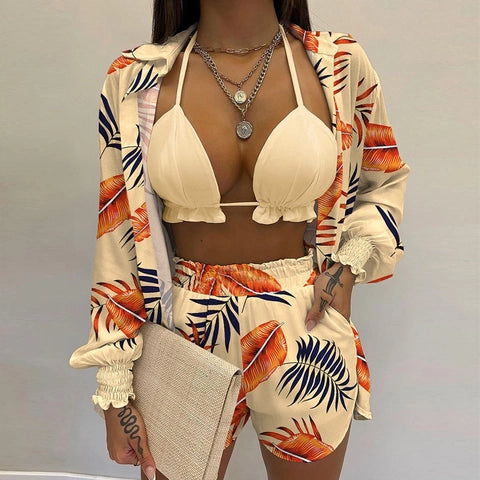 Sexy Vacation Shirt Top And Shorts Outfit Halter Bikini High Waist Bottom Long Sleeve Cover Up Floral Print