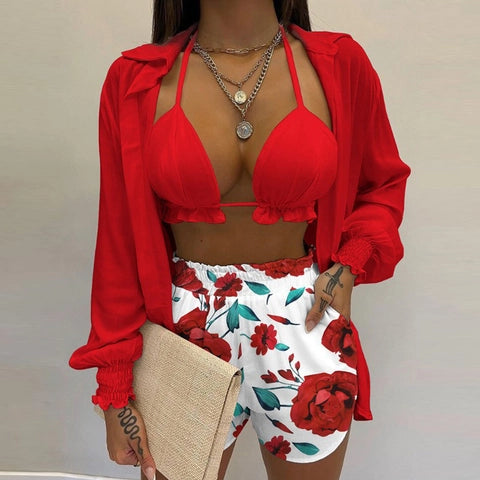 Sexy Vacation Shirt Top And Shorts Outfit Halter Bikini High Waist Bottom Long Sleeve Cover Up Floral Print