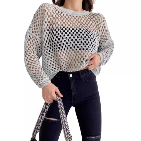Women Casual Round Neck Out Crochet Knit Sweater Long Sleeve Loose Cropped Pullover Top