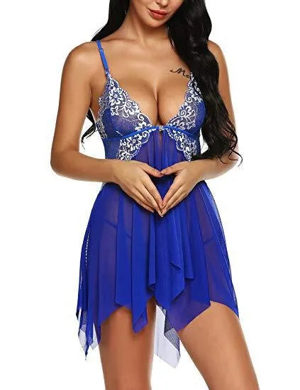 Women Sexy Lace Mesh Baby doll V Neck Sheer Lingerie Nightwear With Floral Trim