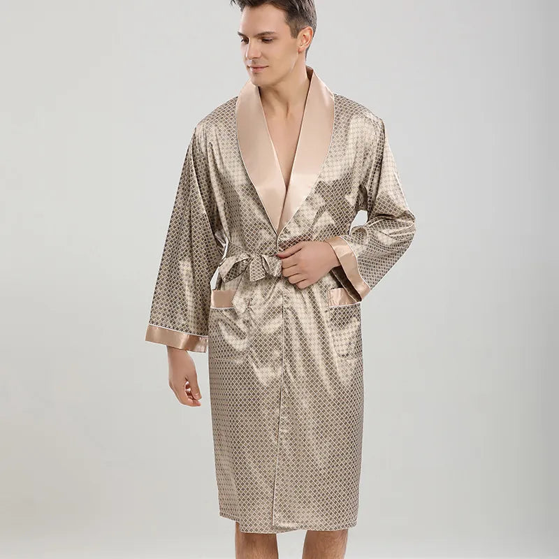 Men Satin Robe Long Sleeve Striped Bathrobe Lightweight Loungewear With Belt & Pockets