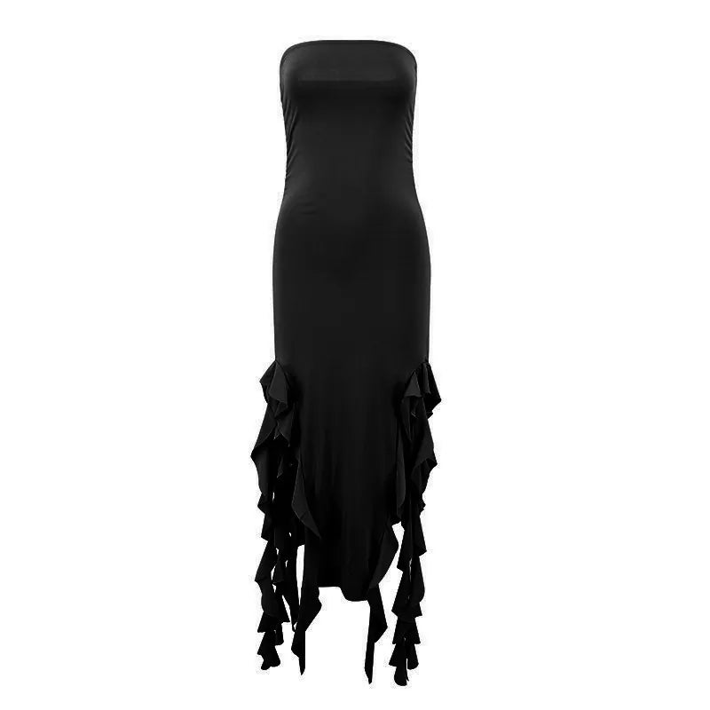 Women Sexy Strapless Ruched Midi Dress Ruffle High Split Slim Fit