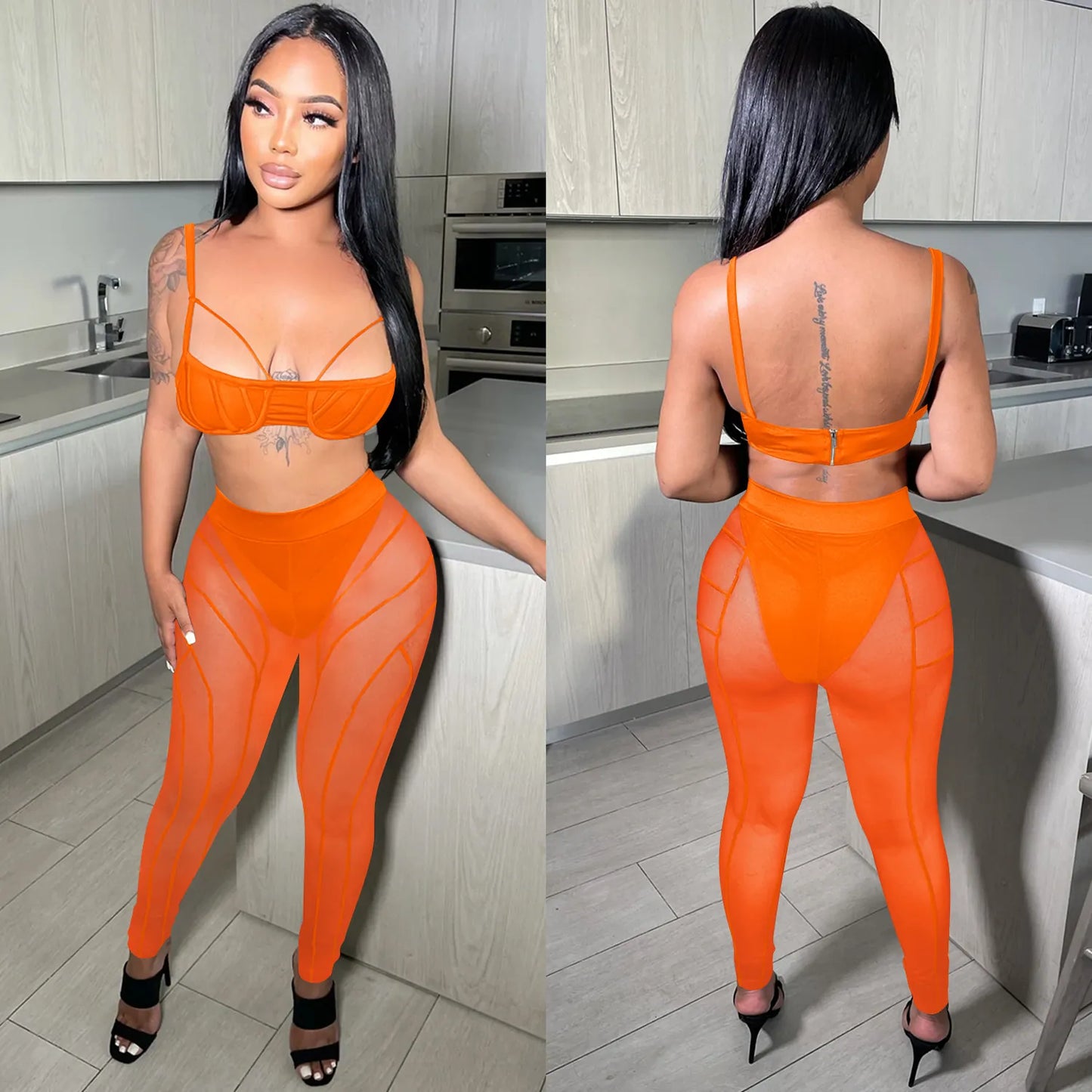 Sexy Mesh Sheer Crop Top And Pants Clubwear Party Suit Sleeveless Back Zipper High Waist Skinny Trousers Suit