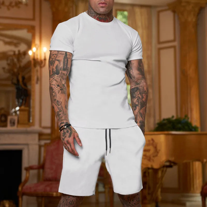 Men Short Sleeve Round Neck T-Shirt And Drawstring Shorts