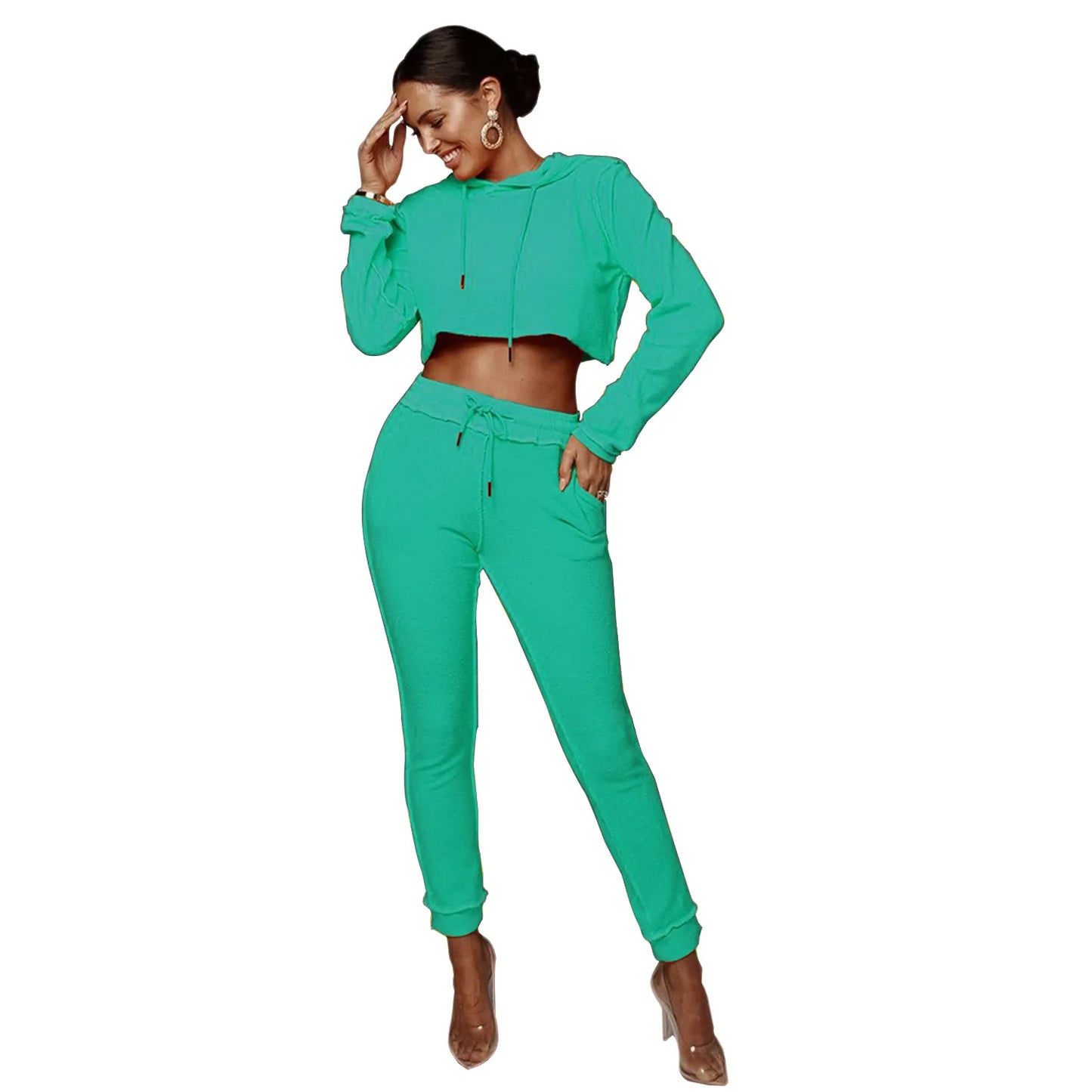 Women's 2 Piece Tracksuit Cropped Hoodie And Jogger Pants Set