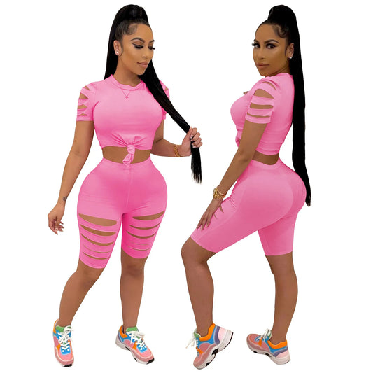 Women Sexy Solid Color Cut Out Two Piece Top And Bottom Summer Short Sleeve