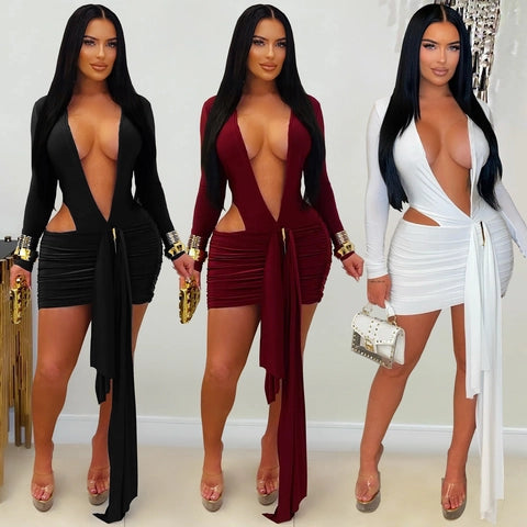 Sexy Deep V Neck Long Sleeve Cut Out Mini Dress With Long Streamers