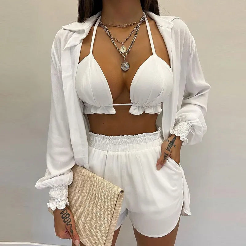 Sexy Vacation Shirt Top And Shorts Outfit Halter Bikini High Waist Bottom Long Sleeve Cover Up Floral Print
