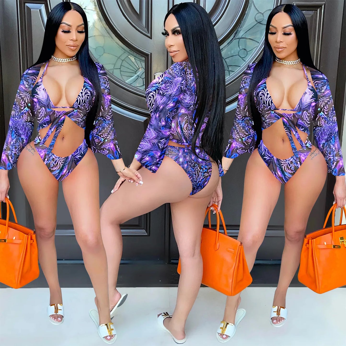 Women Sexy Leopard Print Bikini Top Bottom And Mesh Cover Up Beach Swimwear