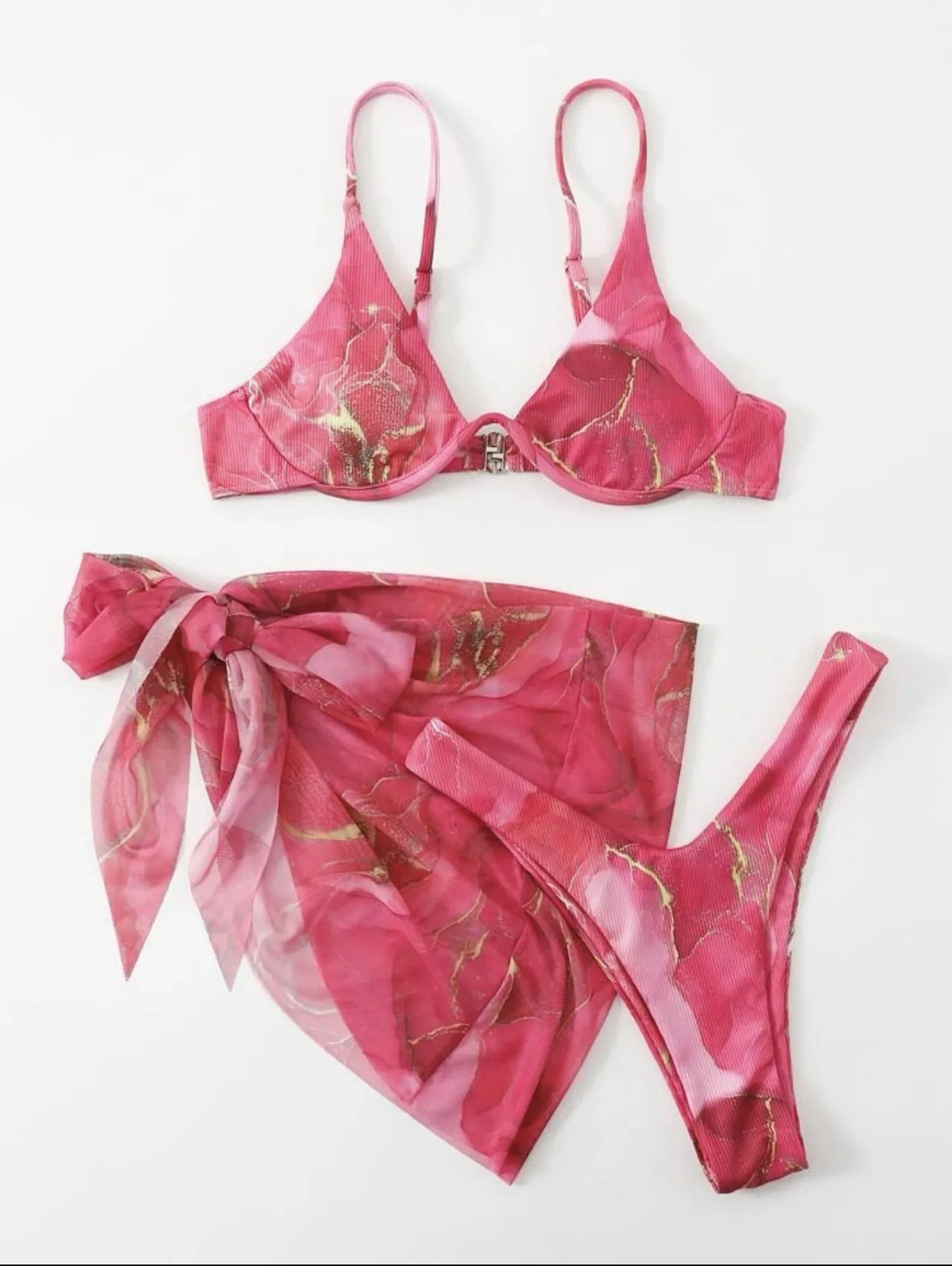 Marble Print Bikini Top And Bottom With Mesh Ribbed Fabric Sexy Beachwear