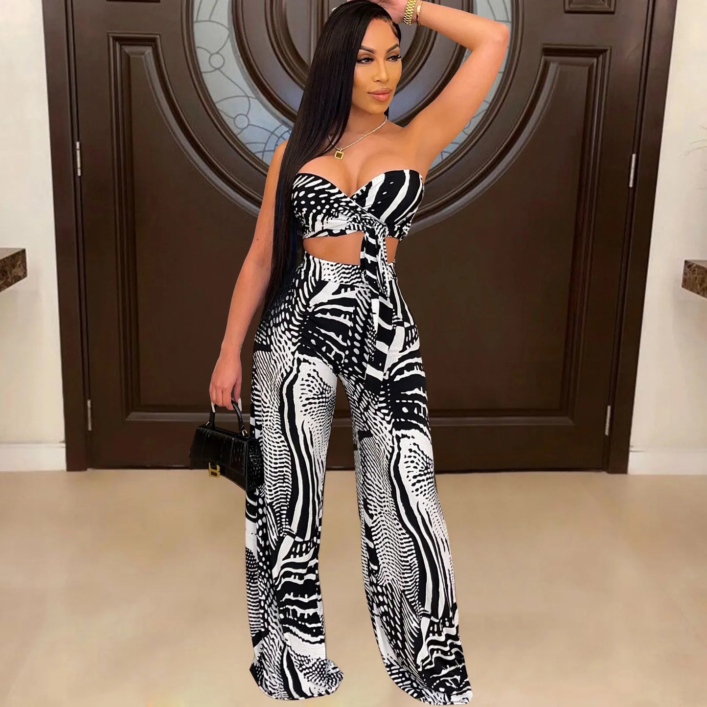 Women Halter Backless Sexy Printed Crop Top And High Waist Wide Leg Pants Outfits