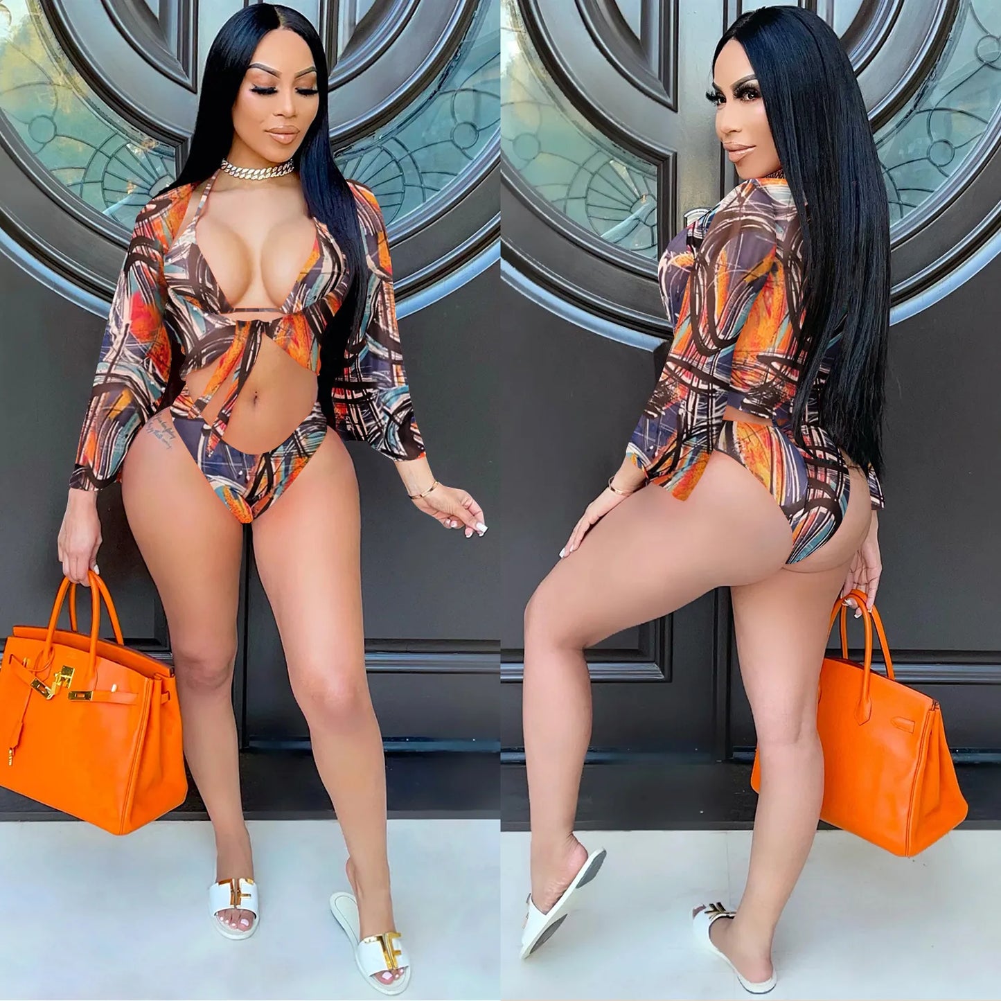 Women Sexy Leopard Print Bikini Top Bottom And Mesh Cover Up Beach Swimwear