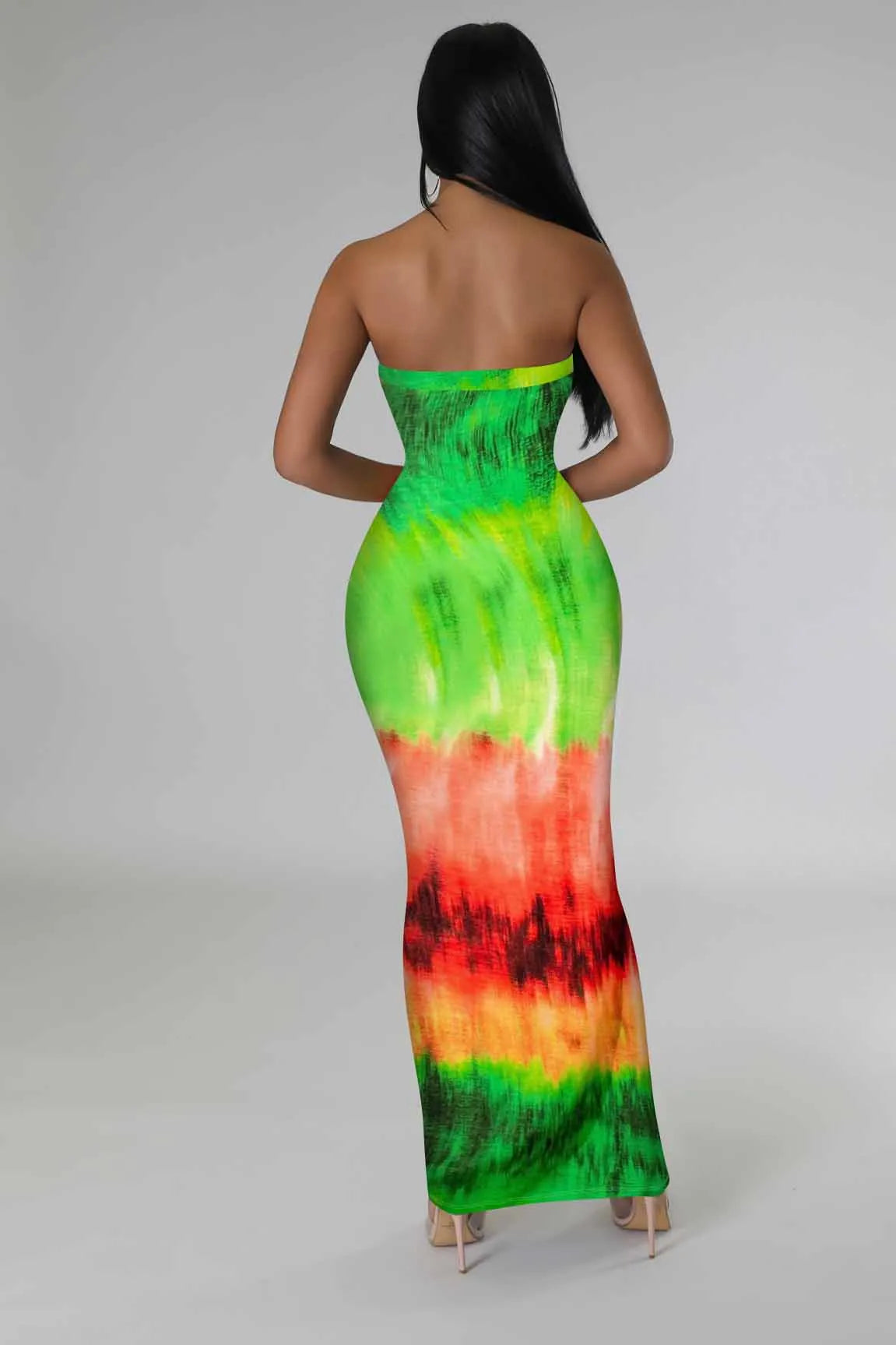 Women Sexy Digital Print Tube Top Maxi Dress Slim Fit Abstract Sunset Palm Tree Printed Strapless