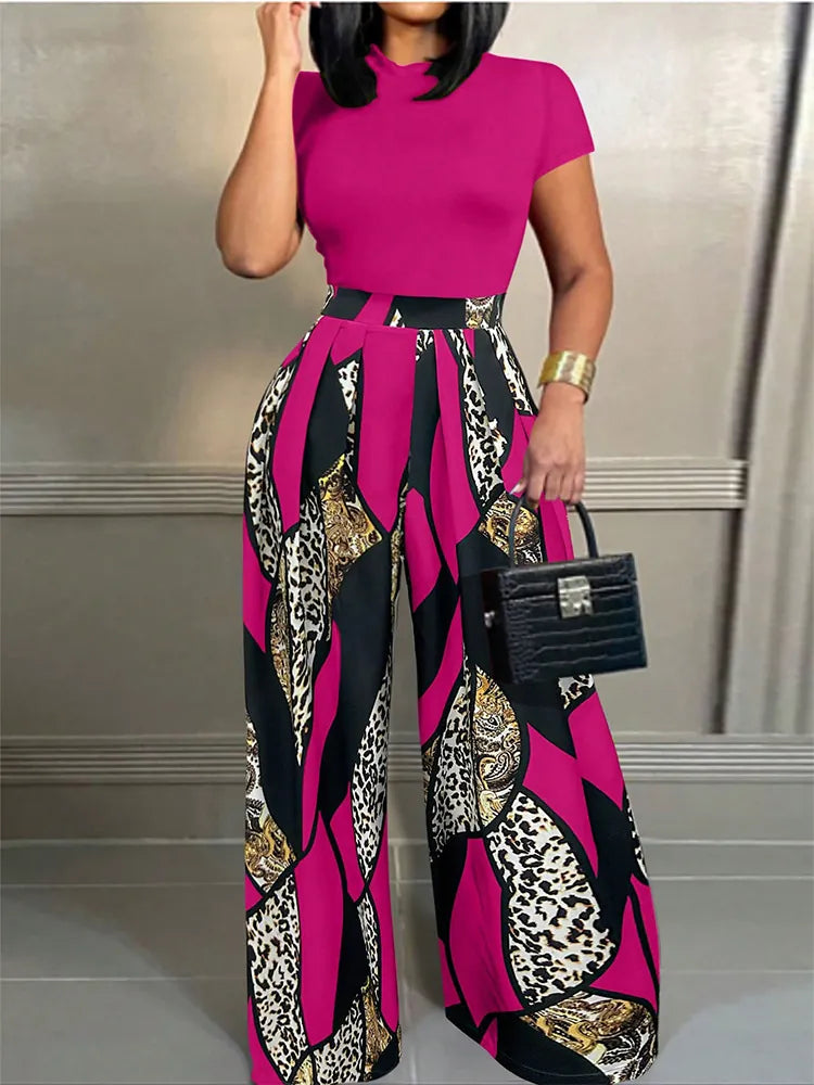 Women Casual Two Piece Set Short Sleeve Top And High Waist Wide Leg Print Pants Trousers Suit