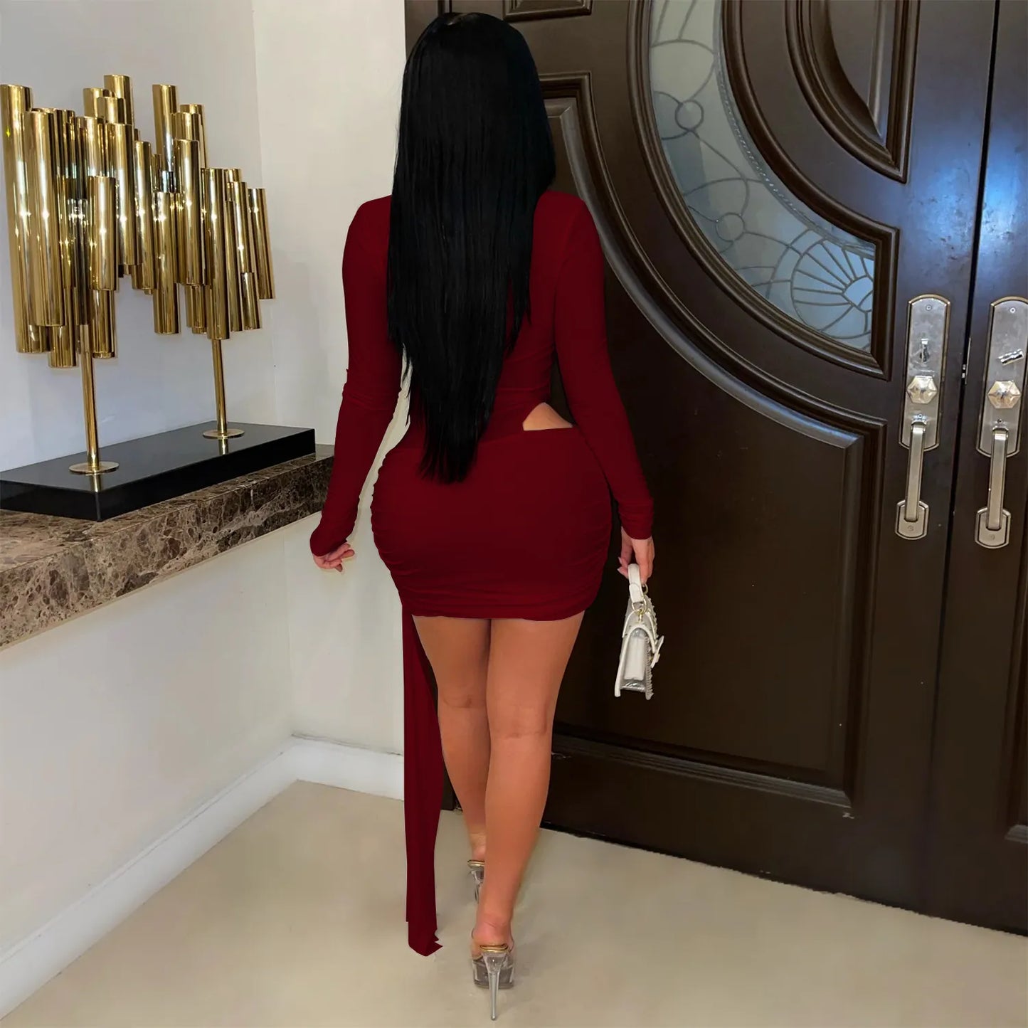 Sexy Deep V Neck Long Sleeve Cut Out Mini Dress With Long Streamers