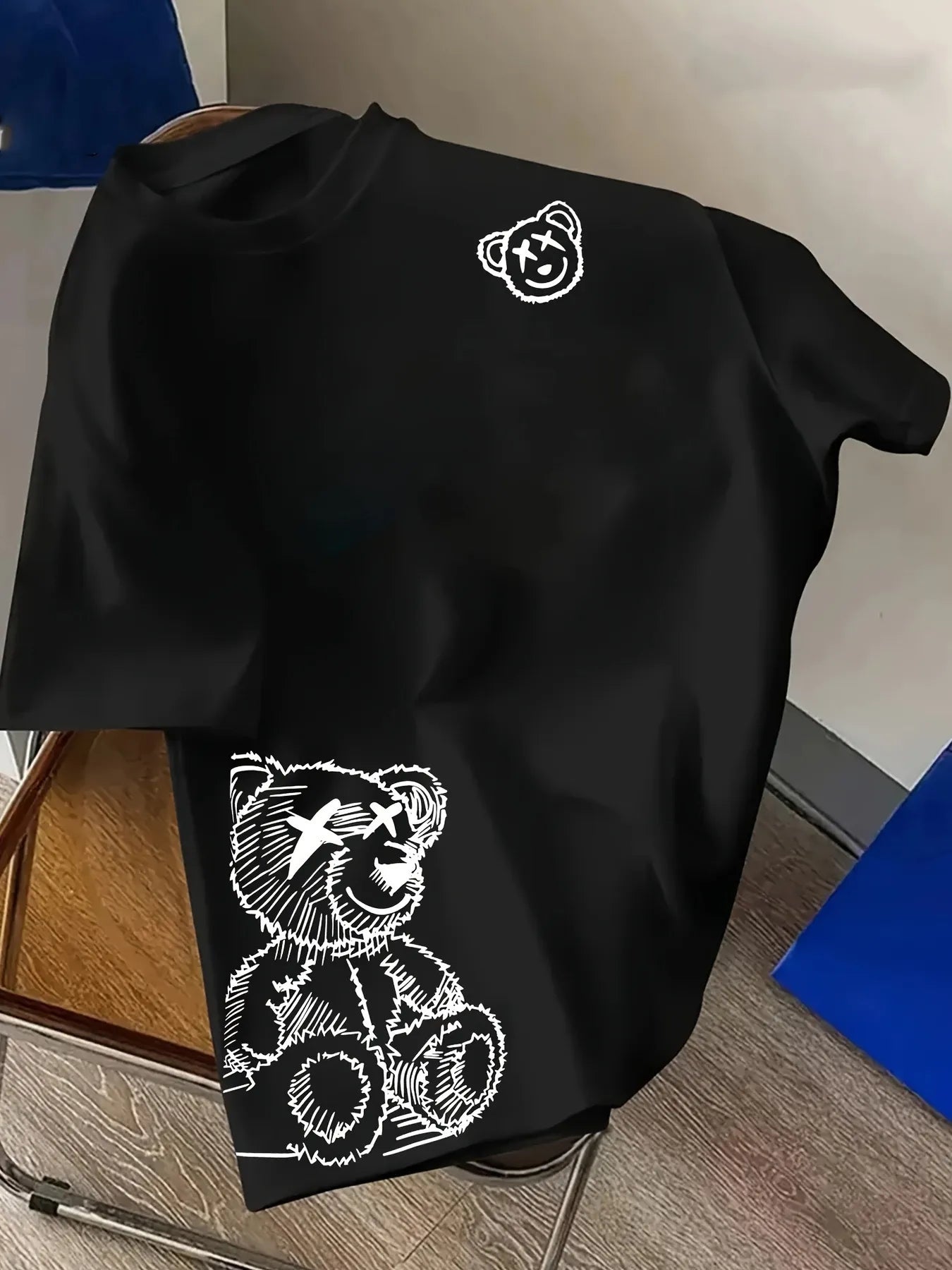 Men Casual Cotton T-Shirt Round Neck Short Sleeve Top Trendy Line Bear Graffiti Printed