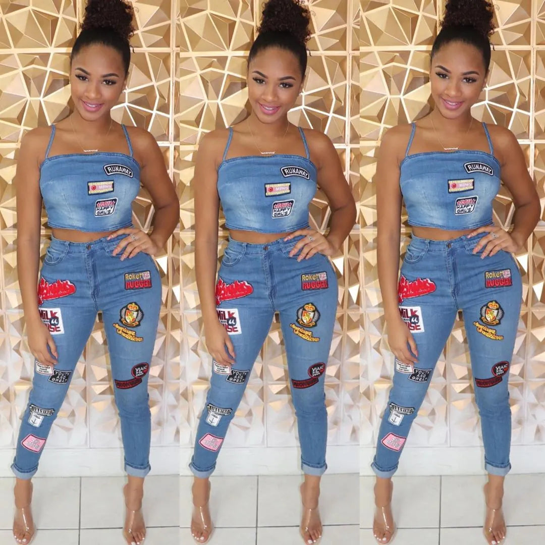 Women Top And Bottom Denim Sleeveless Sling Crop Top And High Waisted Skinny Pants With Patchwork