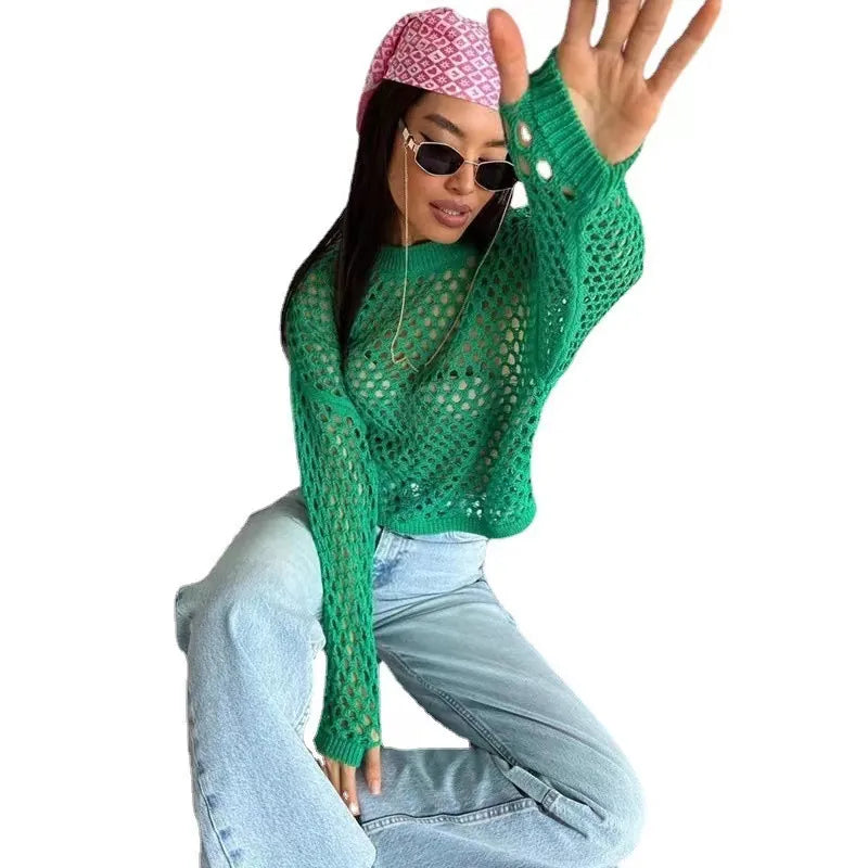 Women Casual Round Neck Out Crochet Knit Sweater Long Sleeve Loose Cropped Pullover Top