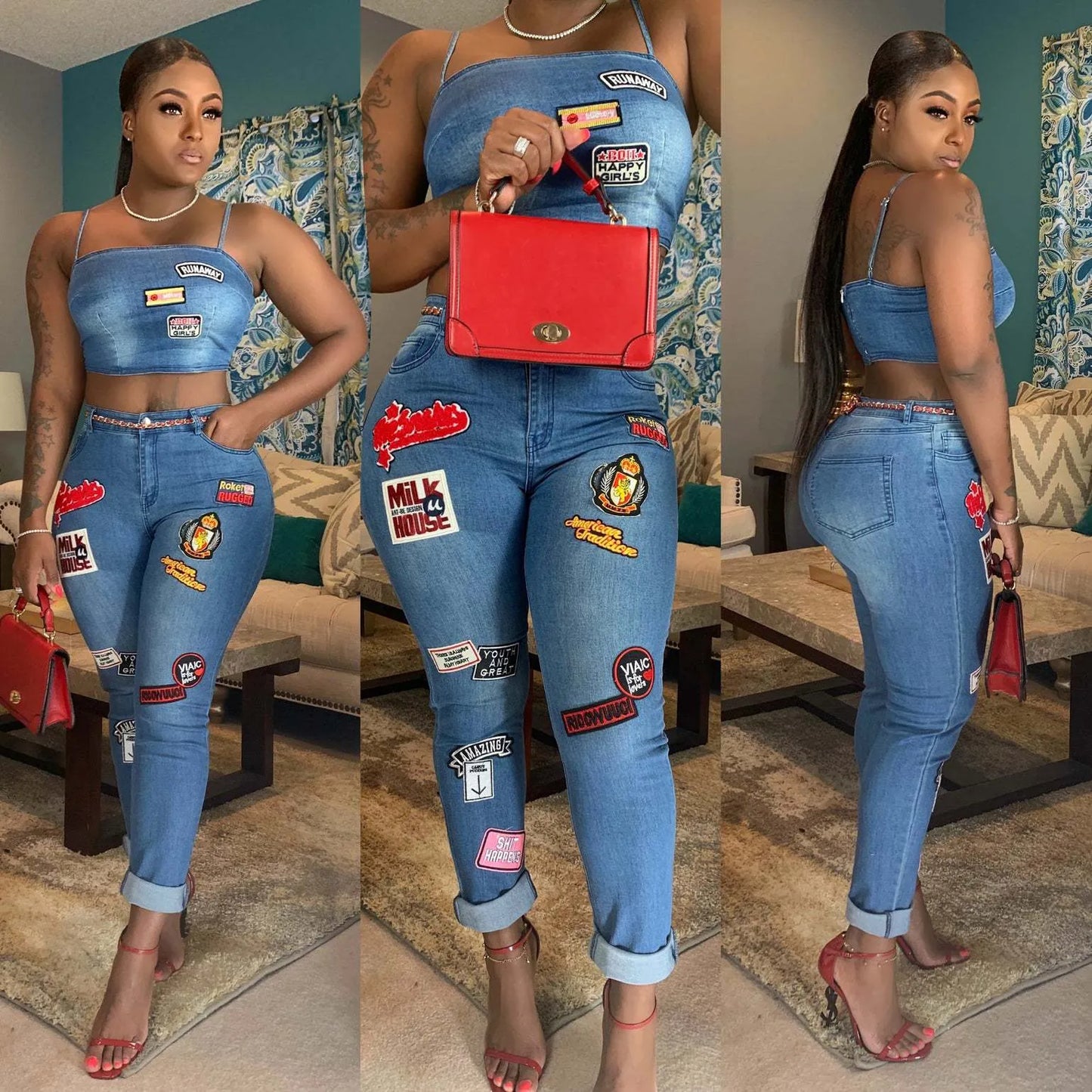Women Top And Bottom Denim Sleeveless Sling Crop Top And High Waisted Skinny Pants With Patchwork