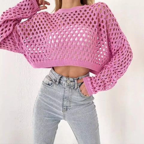 Women Casual Round Neck Out Crochet Knit Sweater Long Sleeve Loose Cropped Pullover Top