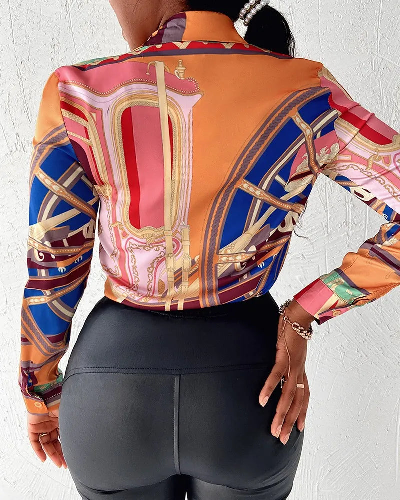 Women's Elegant Long Sleeve Blouse Vintage Baroque Chain Print Button Down