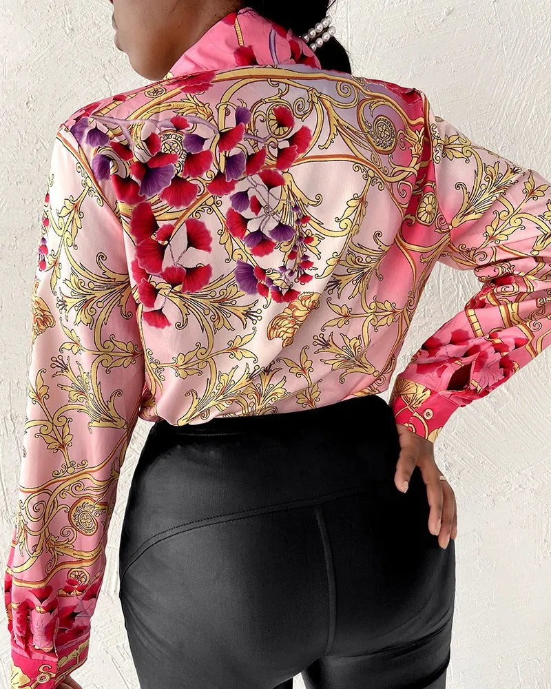 Women's Elegant Long Sleeve Blouse Vintage Baroque Chain Print Button Down