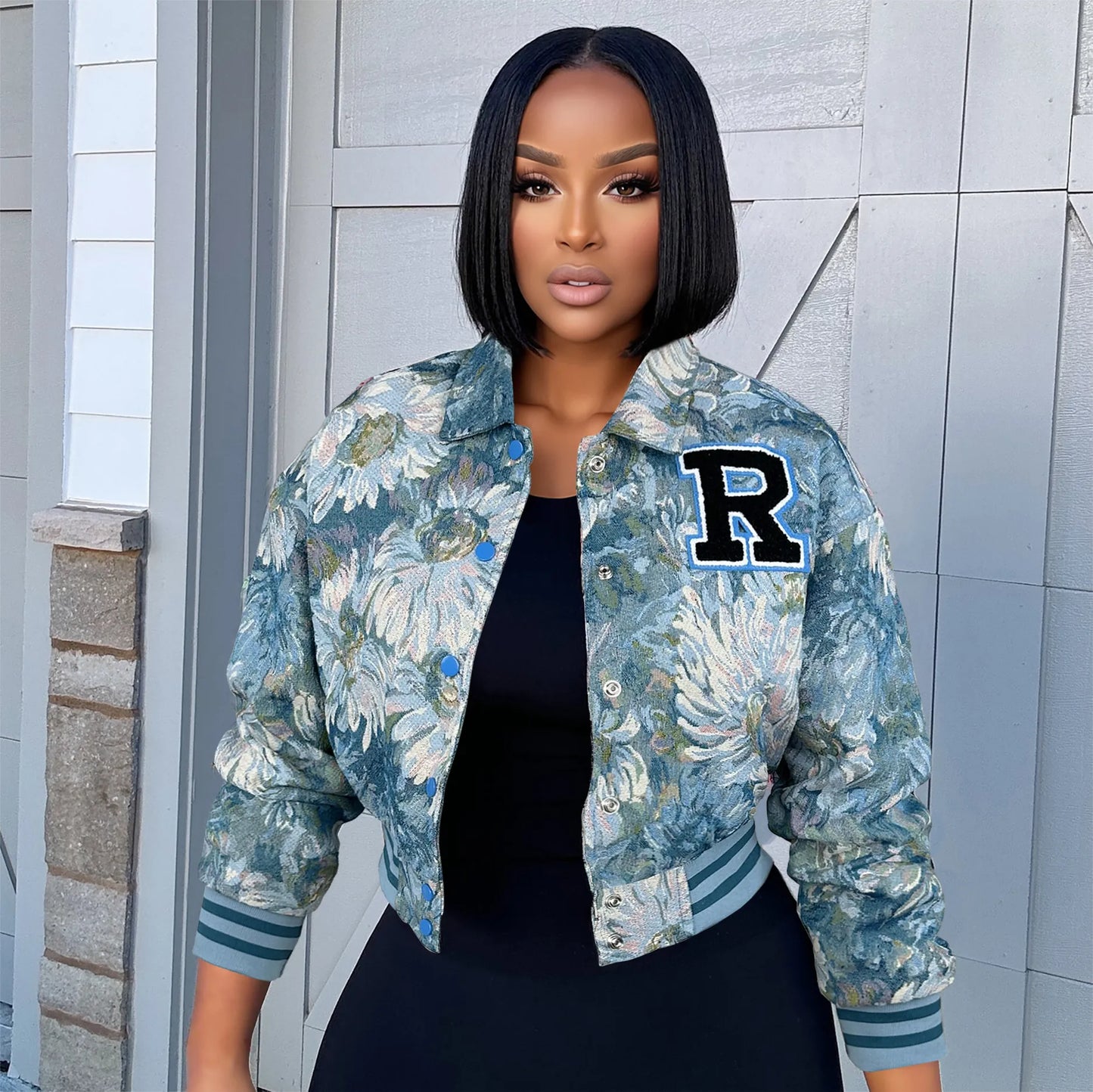 Floral Vintage Tapestry Bomber Jacket Women Retro Letter R Patch Varsity Jacket