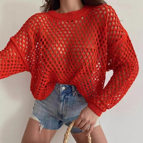 Women Casual Round Neck Out Crochet Knit Sweater Long Sleeve Loose Cropped Pullover Top