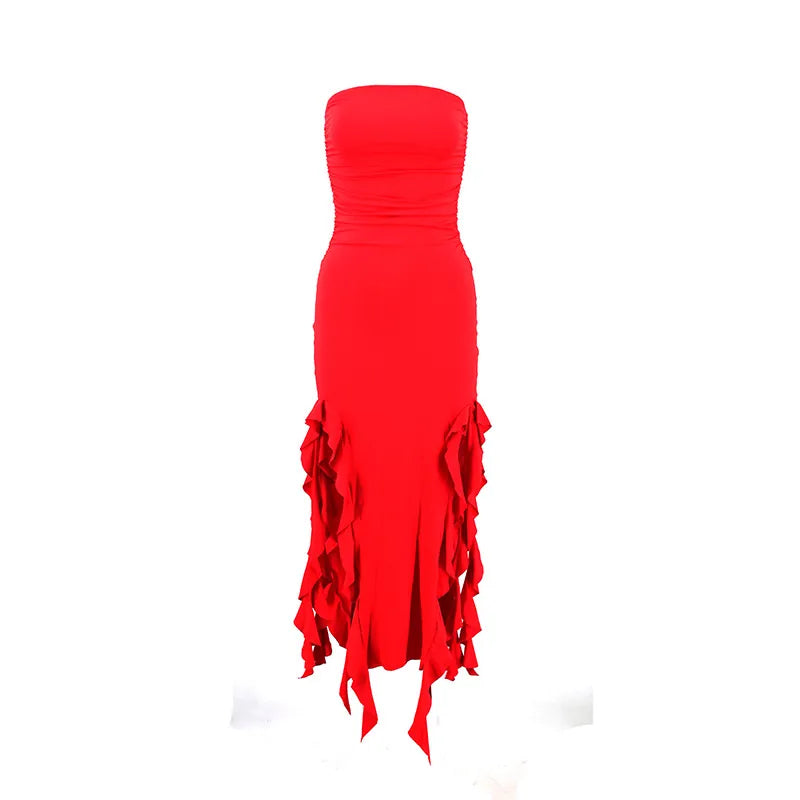 Women Sexy Strapless Ruched Midi Dress Ruffle High Split Slim Fit