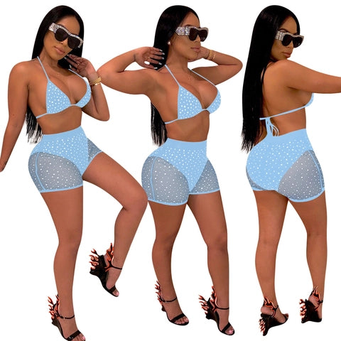 Sexy Two Piece Bikini Shorts Set Rhinestone Polka Dot Halter Top Mesh Patchwork High Waist Shorts Beach Party