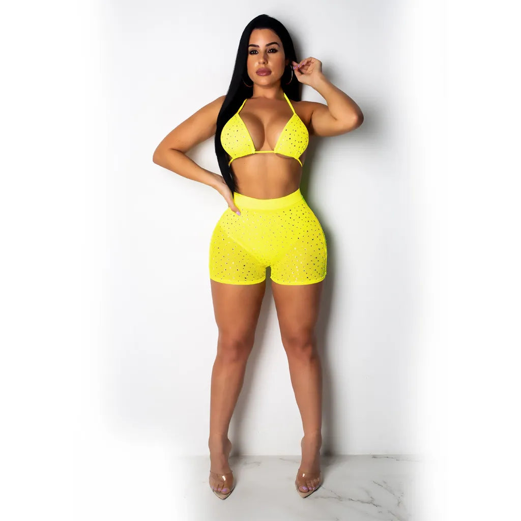 Sexy Two Piece Bikini Shorts Set Rhinestone Polka Dot Halter Top Mesh Patchwork High Waist Shorts Beach Party