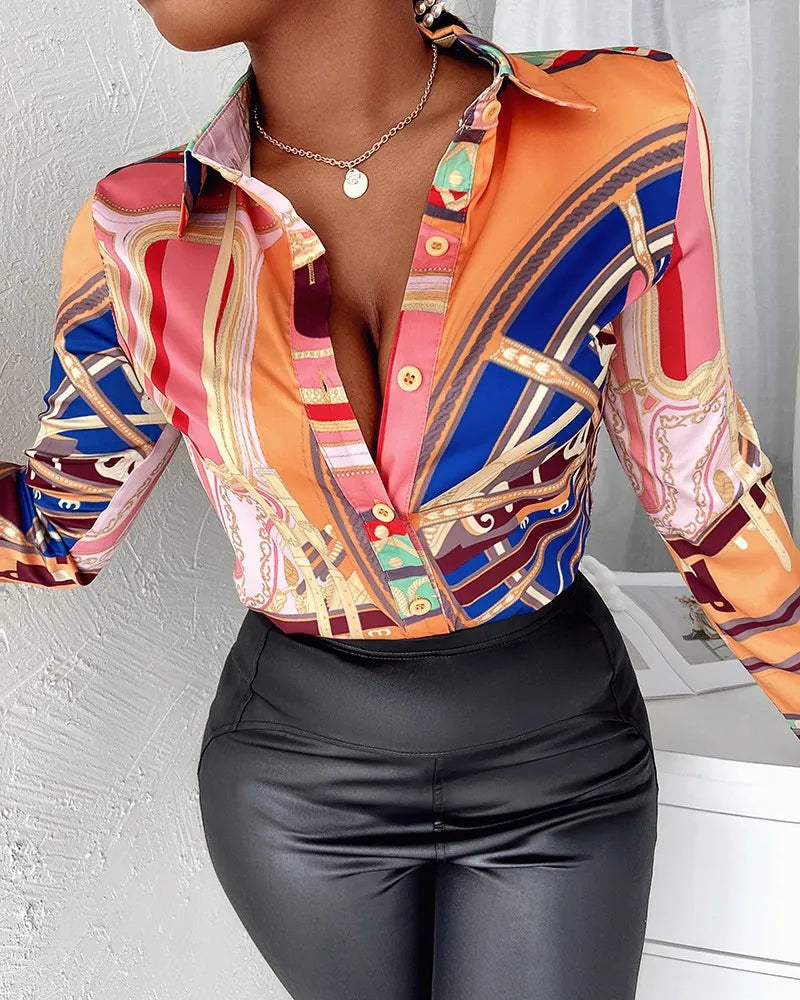 Women's Elegant Long Sleeve Blouse Vintage Baroque Chain Print Button Down