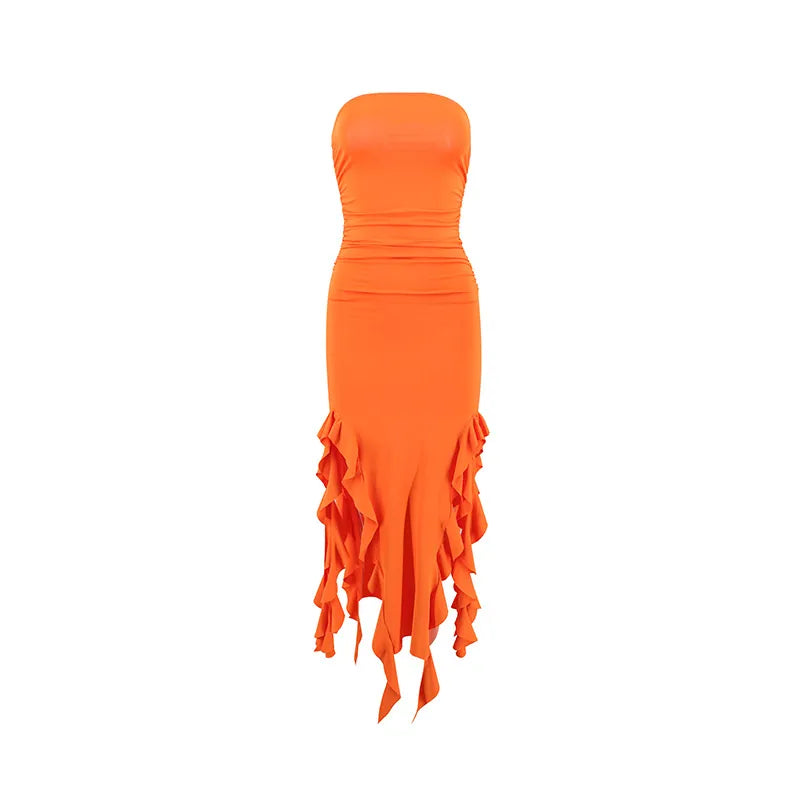 Women Sexy Strapless Ruched Midi Dress Ruffle High Split Slim Fit