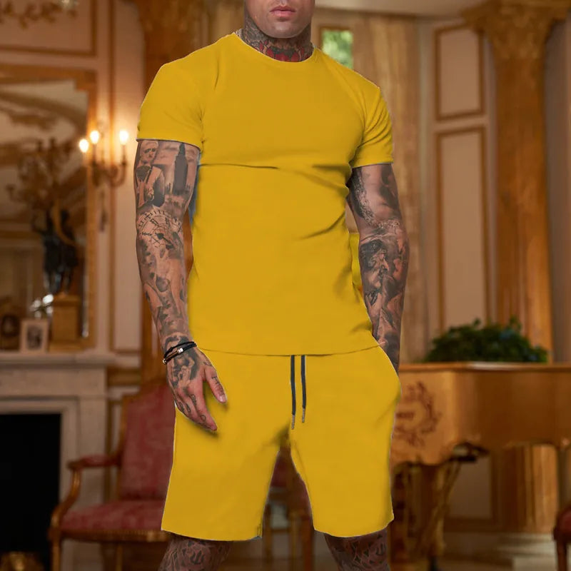 Men Short Sleeve Round Neck T-Shirt And Drawstring Shorts