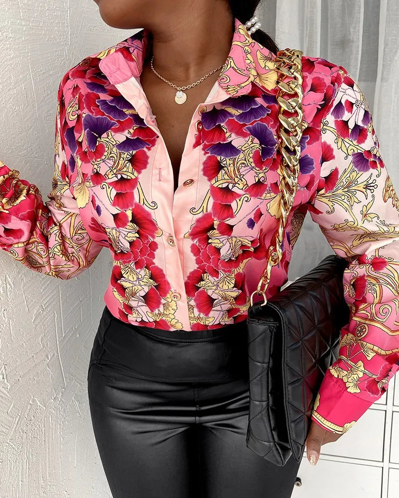 Women's Elegant Long Sleeve Blouse Vintage Baroque Chain Print Button Down