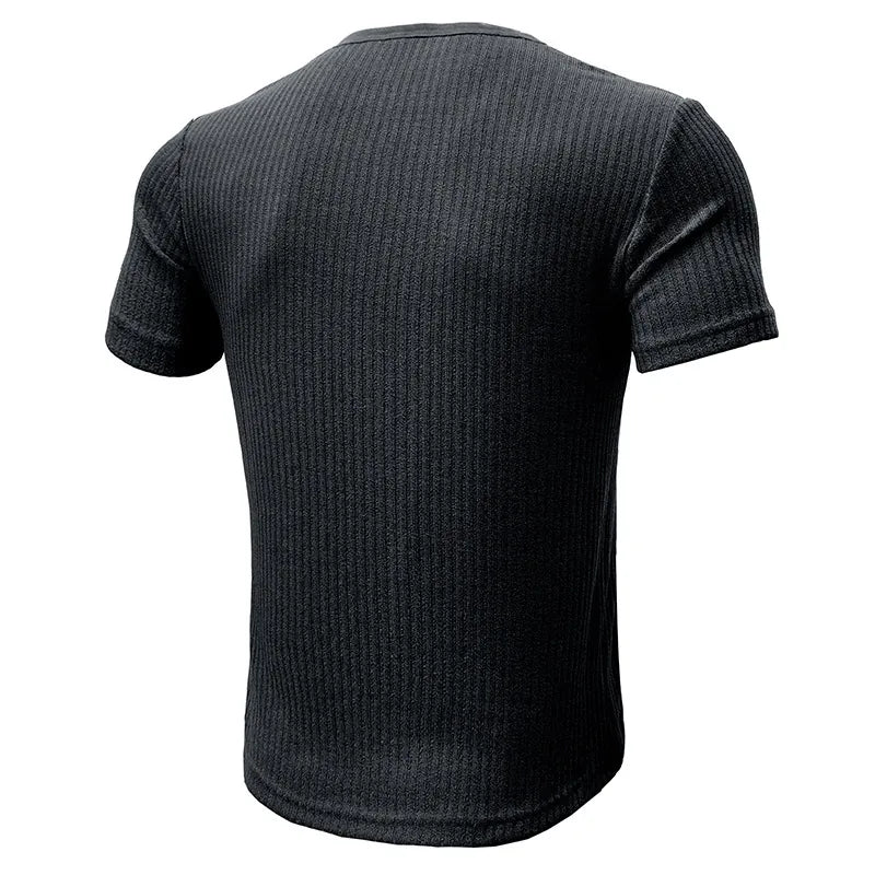 Men Casual Ribbed Knit Short Sleeve Henley Shirt Slim Fit Muscle Cotton Blend Button Up
