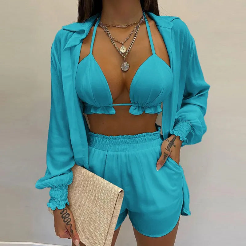 Sexy Vacation Shirt Top And Shorts Outfit Halter Bikini High Waist Bottom Long Sleeve Cover Up Floral Print