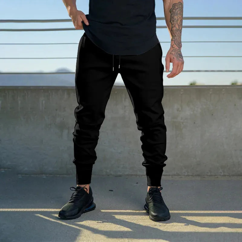 Men Sporty Polyester Solid Color Drawstring Joggers Slim Fit Cuffed Hem Sweatpants